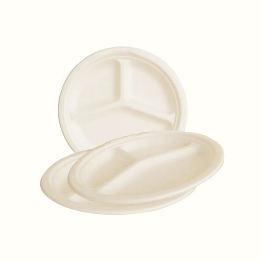 Econtainer P007 10inch 3-compartment  Sugarcane Bagasse Plate Compostable and Eco-friendly [50 pcs.]