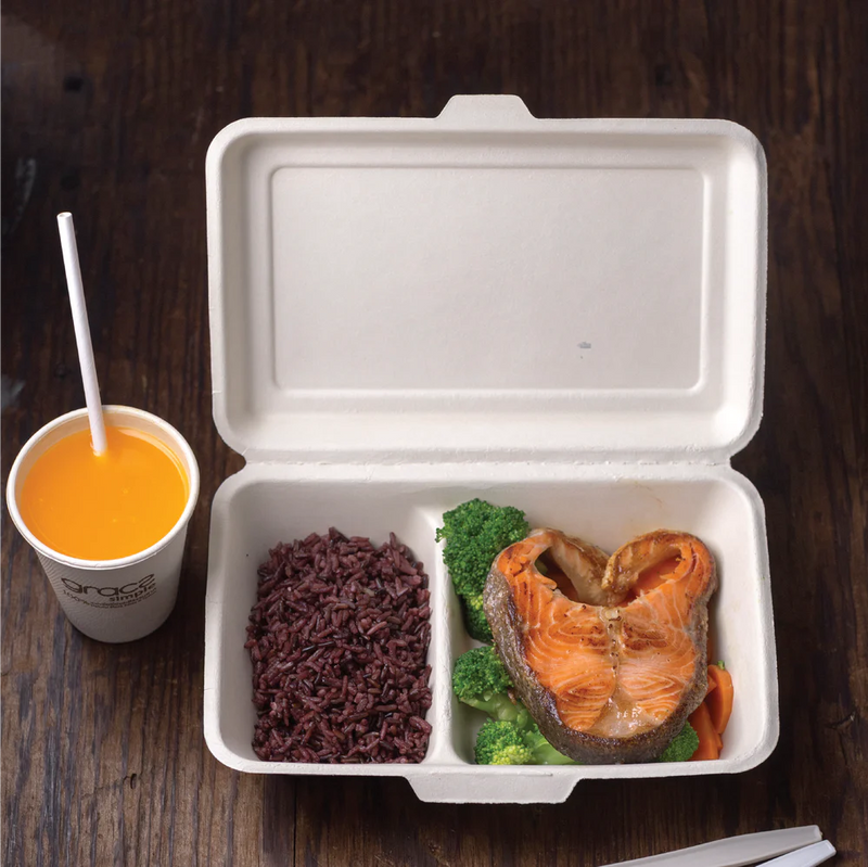 Econtainer B002 1000ml 2-compartment Sugarcane Bagasse Take-out box Compostable and Eco-friendly Food Packaging [50 pcs.]