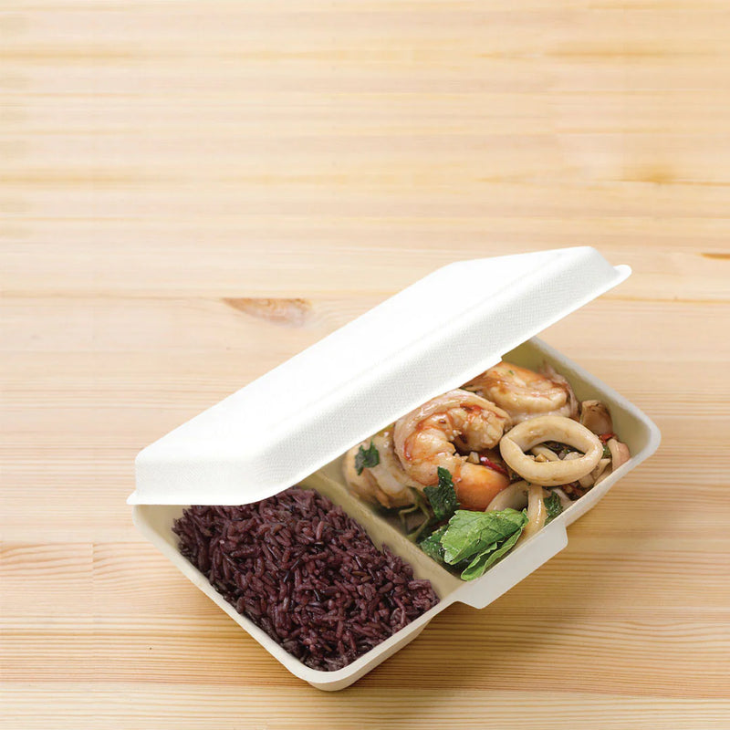 Load image into Gallery viewer, Econtainer B002 1000ml 2-compartment Sugarcane Bagasse Take-out box Compostable and Eco-friendly Food Packaging [50 pcs.]
